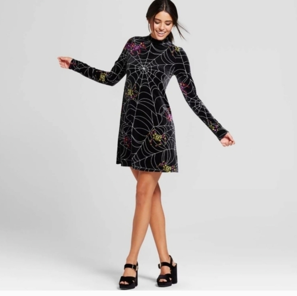 NWT Velvet Black Spider Web Pattern Mod Mock Neck Dress Sz LG S28